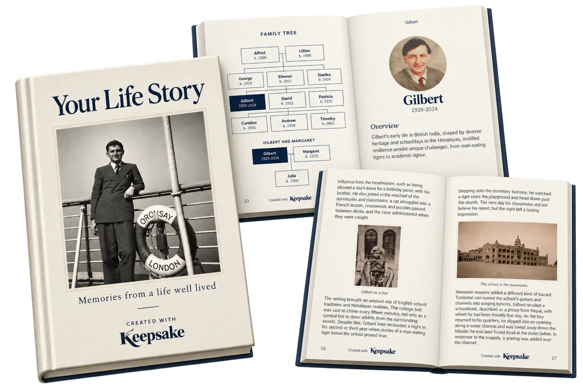 A Keepsake printed life story book with a family tree and personal photographs