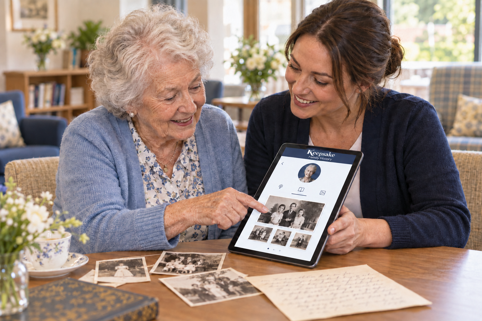 A resident and staff member looking at family photographs and a life story on a tablet in a comfortable care-home lounge.