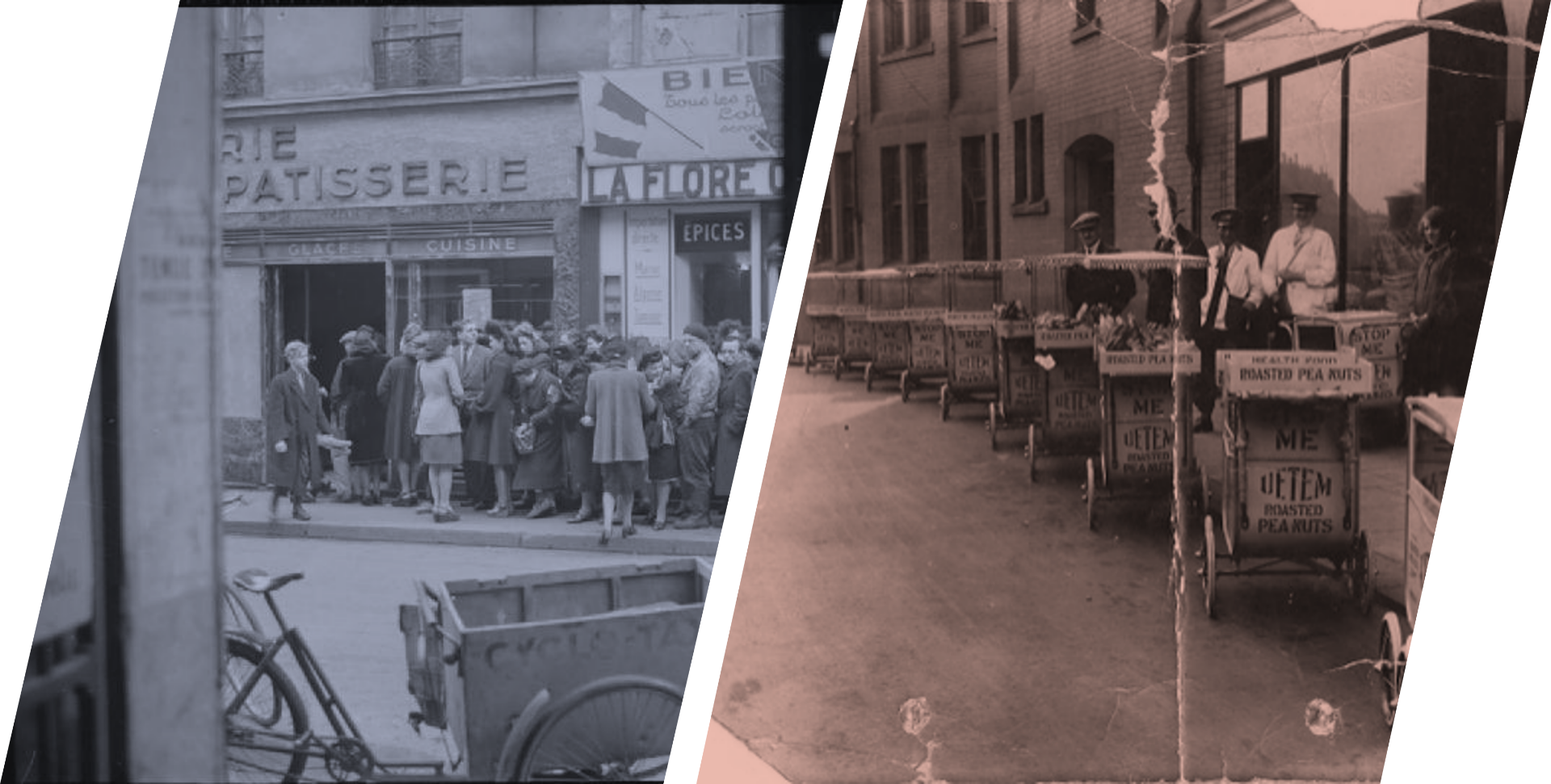 Historic photographs — a Parisian patisserie queue and a row of street vendor carts